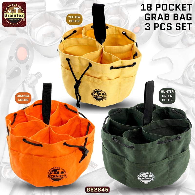 Graintex 18 Pocket Grab Bags Set of 3 Pcs Rip-Stop Canvas, Drawstring Closure, Small Parts Organizer Bag, Small Tools, Screws, Parts, Parachute Tool Bag, Parachute Tool Organizer for Essential Items - Image 2